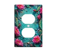 Placa de pared dúplex con diseño de cactus, flores tropicales vibrantes, roca, verano, verde azulado, plástico, tamaño estándar, doble toma de corriente, para decoración del hogar, sala de estar