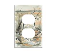 Placa de pared dúplex con diseño de gansos, ramas de agua rústicas de naturaleza, color verde otoño, tamaño estándar, doble toma de corriente, para dormitorio, baño, cocina, decoración de entrada