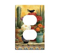 Placa de pared dúplex para baño, diseño de flores, cactus rústico, pájaro, primavera, plástico, tamaño estándar, doble toma de corriente, para dormitorio, oficina, cocina, entrada, decoración
