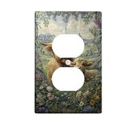 Placa de pared dúplex para baño, diseño de vacas montañosas, flores naturales rústicas, paisaje, primavera, color marrón terroso, placas de pared de tamaño estándar para tomas de corriente para