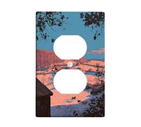 Placa de pared dúplex para baño, diseño ilustrativo de casas rústicas, montañas, invierno, azul, plástico, tamaño estándar, doble toma de corriente, para decoración del hogar, sala de estar