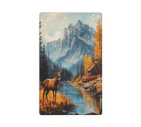 Placa de pared rústica en blanco con diseño de ciervos y pinos, río y valle de montaña, decorativa, 1 banda, para cocina, cuarto de baño, tamaño 11,4 x 7 cm