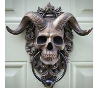 Placa de picaporte con signo calavera dios cornudo decoración pared gótica resistente diseño Baphomet pintado a mano en poliéster fundido frío anillo hierro suitable para puertas interiores hogares