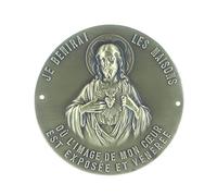 Placa de puerta del Sagrado Corazón de 70 mm de latón con forma de bronce, medalla y cruz metálica, adoración cristiana de metal