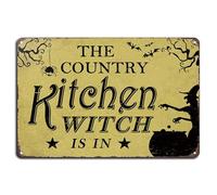 Placa decorativa de hierro de 20 x 30 cm con texto en inglés "The Country Kitchen Witch Is In Vintage Look" para el hogar, cocina, baño, granja, jardín, garaje, citas inspiradoras, decoración de pared