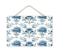 Placa decorativa de madera con diseño de flor mogol en color azul, decoración de pared para porche, étnico, floral, bohemio, floral, letrero de madera vertical para decoración de pared para baño, 12 x