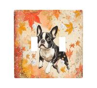 Placa decorativa para interruptor de luz con diseño de perro Boston Terrier de otoño, 2 bandas, doble palanca, placa frontal eléctrica de hoja de arce de lujo para cocina, baño, decoración de cubierta