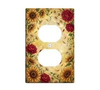 Placa dúplex rústica con girasoles florales y peonías | Detalles de peonía roja, detalles de crisantemo blanco, tema botánico rústico, decoración de granja, fondo de halo dorado