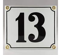 Placa esmaltada con número 13, color blanco y negro