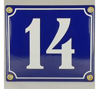 Placa esmaltada con número 14, color azul y blanco