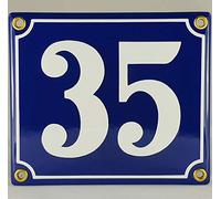 Placa esmaltada con número 35, color azul y blanco