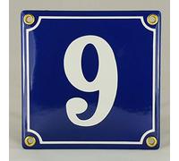 Placa esmaltada número 9 azul y blanco "Handarbeit"