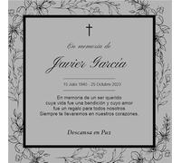 Placa funeraria de aluminio plateado grabado negro para exterior e interior grabada con láser para lápida, nicho o pared. Cinta doble cara ultra fuerte. (Diseño Flores)