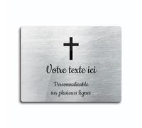 Placa grabada funeraria con diseño de cruz cristiana autoadhesiva modelo rectangular (20x15 cm) personalizado 1-3 líneas Alu cepillado