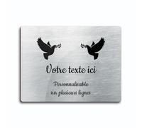 Placa grabada funeraria con diseño de dos palomas con ramitas autoadhesivas modelo rectangular (20x15 cm) personalizado 1-3 líneas Alu cepillado