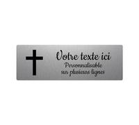 Placa grabada funeraria, diseño de cruz cristiana autoadhesiva, 20 x 6,5 cm, personalizada, 1 a 3 líneas, aluminio cepillado