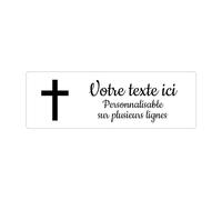 Placa grabada funeraria, diseño de cruz cristiana autoadhesiva, 20 x 6,5 cm, personalizada, 1 a 3 líneas, color blanco