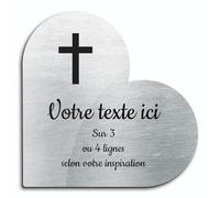 Placa grabada funeraria, diseño de cruz cristiana, autoadhesiva, modelo corazón (15 x 15 cm) personalizada de 1 a 3 líneas Alu cepillado
