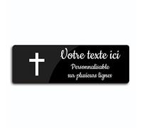 Placa grabada funeraria, diseño de cruz cristiana, autoadhesiva, modelo rectángulo (30x10 cm) personalizada, 1 a 3 líneas, color negro