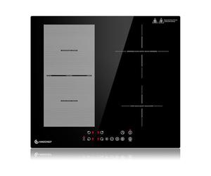 Placa inducción AMZCHEF Placa de inducción de 60cm con 4 zonas de refuerzo, zonas flexibles para barbacoa, 9 niveles, función de calentamiento y STOP+GO, 7400W, cierre de seguridad y temporizador