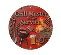 Placa metálica con texto en inglés "Grill Master At Your Service"