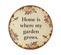 Placa metálica con texto en inglés «Home Is Where My Garden Grows Weathered