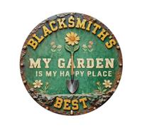 Placa metálica con texto en inglés «My Garden Is My Happy Place»