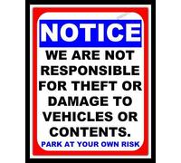 Placa metálica con texto en inglés "We are Not Responsible Park at Your Own Risk", 15 x 20 cm