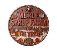 Placa metálica de metal con texto en inglés "MAPLE SYRUP FARM TAP THE TREES