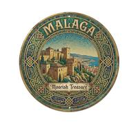 Placa metálica de metal vintage para viajes, fortaleza de Málaga, Alcazaba, decoración de pared para cafetería, club, jardín, póster redondo de metal de 8 x 8 pulgadas