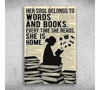 Placa metálica para póster con texto en inglés "Her Soul Belongs to Words and Books Every Time She Reads, She is Home" de metal retro, letrero de aluminio vintage para decoración del hogar, habitación