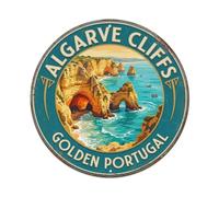 Placa metálica redonda de metal con diseño de los acantilados del Algarve Cliffs Golden Portugal Coast para decoración de pared para cafetería, club, jardín, póster de metal redondo de 20 x 20 cm