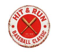 Placa metálica redonda de metal con texto en inglés "Baseball Hit & Run"