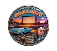 Placa metálica redonda de metal con texto en inglés "Drive-In Movie Night"