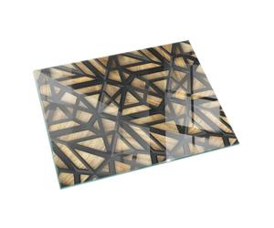 Placa para Chimenea 60x40cm Decoración de la Sala de Estar Cristal Templado Chispas y Arañazos Protector Resistente a Altas Temperaturas Protector de Suelo - Geometría con Madera