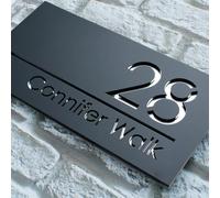 Placa para números de casa exteriores, señal con número de casa personalizada, moderna, en acrílico, cortada con láser, 3D, con nombre de la calle para casa (negro plateado)