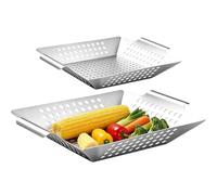 Placa Parrilla Cesta Perforada de Acero Inoxidable de 2 Piezas Individuales | Bandeja Barbacoa para pescado, carne, pollo, camarones, al aire libre, patio, cocina y