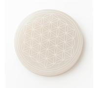 Placa redonda de Selenita Natural, 10 cm, Disco de carga circular cristal con Grabados Místicos, para Meditación y Energía, Nudo de Bruja, 7 Chakras, Flor de la Vida, Mandalas (Flor de Vida)