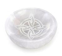 Placa redonda de Selenita Natural, 10 cm, Disco de carga circular cristal con Grabados Místicos, para Meditación y Energía, Nudo de Bruja, 7 Chakras, Flor de la Vida (Cuenco Nudo de Bruja Blanca)