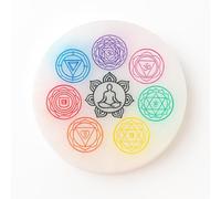 Placa redonda de Selenita Natural, 10 cm, Disco de carga circular cristal con Grabados Místicos, para Meditación y Energía, Nudo de Bruja, 7 Chakras, Flor de la Vida, Mandalas (7 Chakras 7 Simbolos)