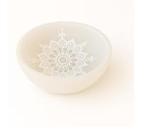 Placa redonda de Selenita Natural, 10 cm, Disco de carga circular cristal con Grabados Místicos, para Meditación y Energía, Nudo de Bruja, 7 Chakras, Flor de la Vida, Mandalas (Cuenco Flor de loto)