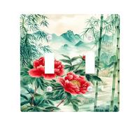 Placas de cubierta de interruptor de luz floral chino, cubiertas de toma, peonías rojas y patrón de bambú para decoración del hogar, placas de pared termoplásticas, tamaño estándar doble palanca