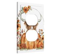 Placas de cubierta de interruptor de luz floral de calabazas otoñales, cubiertas de salida, diseño floral de otoño marrón con vaca de las tierras altas para acentos de pared, placas de pared