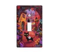 Placas de cubierta para interruptor de luz de gato fantástico/cubiertas de tomacorriente, gato vibrante en escena colorida de pueblo, divertido diseño decorativo para decoración del hogar, tamaño