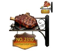 Placas de dirección 2D personalizadas con temática de comida occidental, placas de dirección de metal para colgar nombre de tienda personalizada, número de casa con temática de carne personalizada