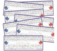 Placas de nombre para escritorio de aula con guía del alfabeto, paquete de 25, 4 x 11 pulgadas, manuscrito tradicional y líneas de escritura cursivas (mayúsculas y minúsculas) para guardería, primaria