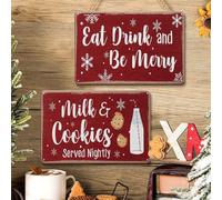 Placas Metálicas 2 Piezas Colgantes Navideños para Comer, Beber Y Ser Feliz con Leche Retro Letrero De Metal Vendimia Letrero Metálico para Garaje Aseo Casa Campo 20X30Cm