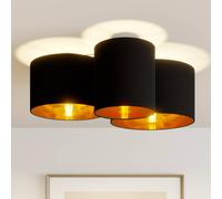 Plafón Lindby Laurenz, 3 luces, negro/oro, textil