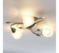 Plafón Lindby Yannie, 3 luces, 50cm, níquel/blanco, cristal