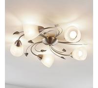 Plafón Lindby Yannie, 5 luces, 60cm, níquel/blanco, cristal